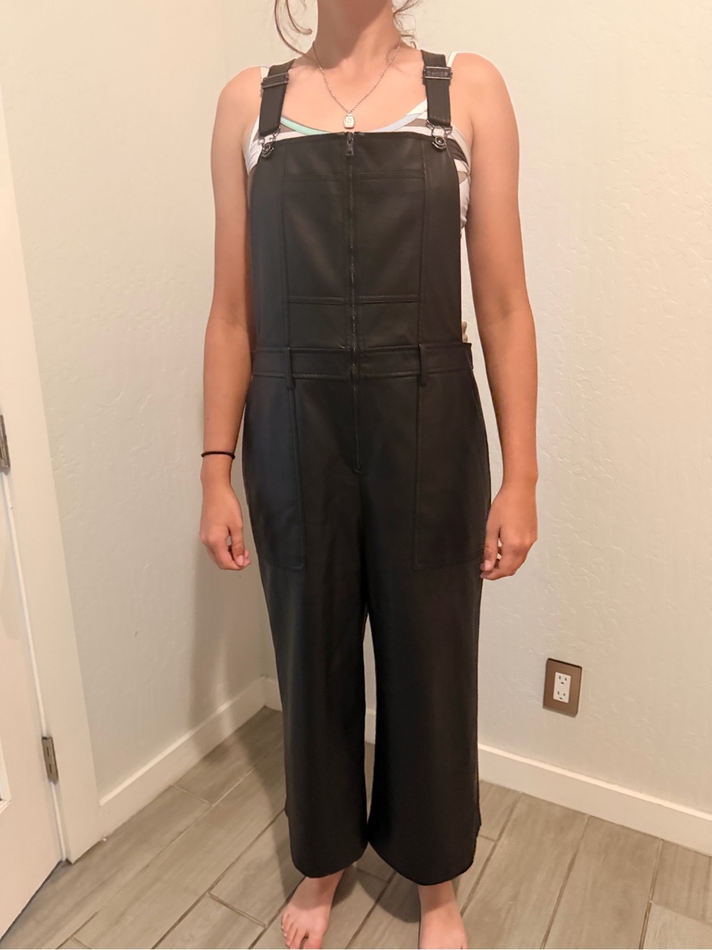 BCBGMaxAzria Black Faux Leather Overalls Jumpsuit